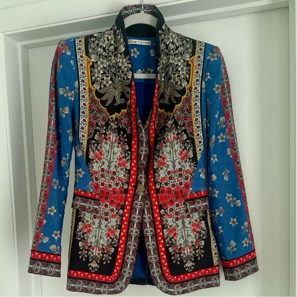ALICE AND OLIVIA Macey Daffodil Palace Floral Scarf Print Linen Blazer Size 2 - Picture 15 of 16